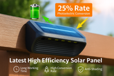 Solar panel on a wooden surface with text highlighting its features.